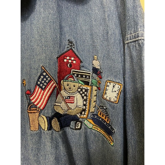 CST Blues Denim Shirt Size 30 With Embroidered Teddy Bear Patriotic Teacher - Picture 3 of 5